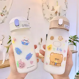 Matte style cute post it notes kids straw glass water bottle children girl heart frosted 450ML casual glass water cup tumbler