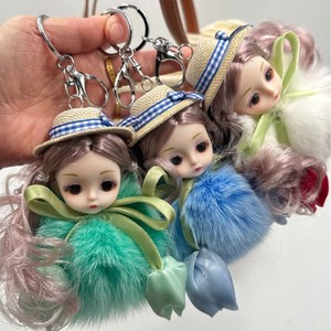 Encantador Llavero para Coche con Muñeca de Ojos Grandes de Peluche y Lazo de Tulipán, con Pompón de Piel de Zorro Auténtica, Adorno para Bolso, Regalo para Niñas, Mini Adorno de Moda - Product Image 2
