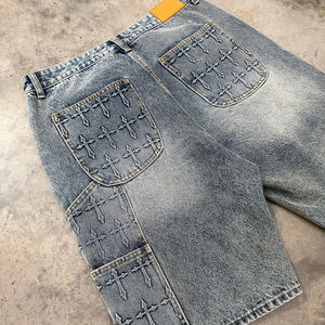 MZN Custom <span class=keywords><strong>Jeans</strong></span> mezzi corti da <span class=keywords><strong>uomo</strong></span> larghi con lavaggio acido in Denim sbiadito da sole 3D goffratura Jorts Streetwear stile Y2K - Product Image 2