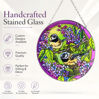 YAPPIE HD-0071 Attrape-soleil en vitrail Art Déco avec couple de moineaux et fleur violette, décoration de fenêtre, cadeau d'anniversaire, personnalisable