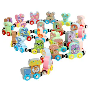 新款婴儿木字母认知迷你拖车儿童早教磁性木制卡通火车玩具车幼儿