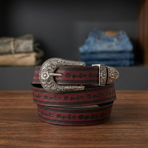 Ceinture en cuir occidental décontractée avec boucle ardillon en alliage, motif floral en peau de vache, durable, largeur 3,5 cm, longueur 110 cm, pour hommes et femmes - Product Image 2