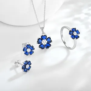 925 Silver Natural Stone Blue Zircon Earring Pendant Necklace Adjustable Ring Trendy Heart Flower Jewelry Set For Women