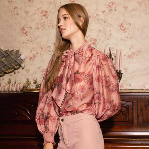 Blusa elegante de oficina para mujer, gasa Floral rosa con lazo, cuello abullonado, manga larga, estilo Vintage para <span class=keywords><strong>vestido</strong></span> informal de verano - Product Image 3