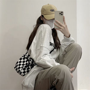 Women's <strong>Small</strong> Messenger Bags Ladies Canvas Printed Cute Black and <strong>White</strong> Plaid Bag Lady Student Shoulder Bag Zipper Purse <strong>Handbag</strong> - Product Image 3