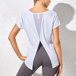 Nuevo Stock camiseta Fitness <span class=keywords><strong>mujer</strong></span> Color sólido cuello redondo Delgado transpirable malla Yoga correr manga corta Camiseta Tops - Product Image 5