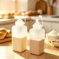 Vierkante plastic knijpfles voor saus, food grade PS, brede opening, condimenten dispenser met schaalverdeling voor koffie, bakken, restaurant, keuken