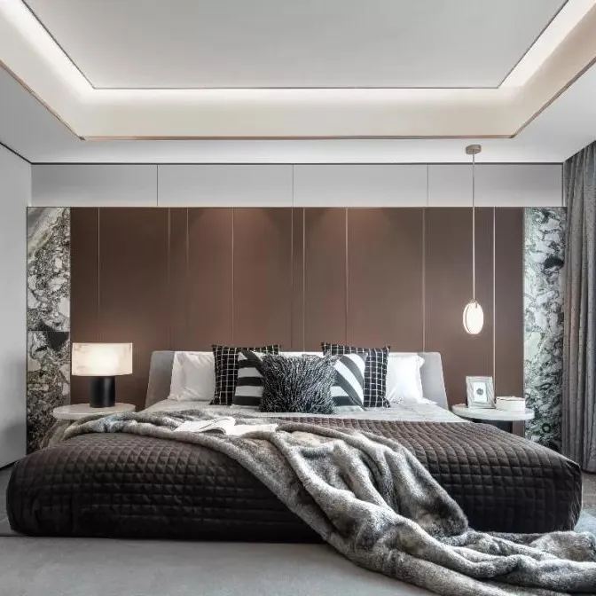 नई डिजाइन इतालवी आधुनिक प्रकाश लक्जरी चमड़े ठोस लकड़ी रानी आकार बिस्तर बेडरूम फर्नीचर सेट