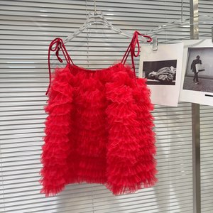 Venta al por mayor de fábrica: Nueva camiseta sin mangas de verano con tirantes finos, volantes y malla, en colores sólidos dulces y elegantes, de diseñador. - Product Image 4
