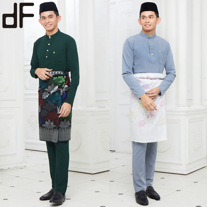 Pakaian Islami etnis produksi Guangzhou sarung kustom set Kurta Pria berwarna Arab kemeja kancing emas Baju Melayu