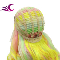 Selebriti multi warna merah muda hijau kuning campuran serat cosplay tarik Ratu Teater rambut sintetis renda depan wig