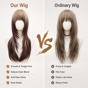 Perruque synthétique longue et droite marron, ajustable, à plusieurs couches, avec mèches blondes, résistante à la chaleur, sans colle, effet naturel - Product Image 4