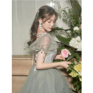 Cocktail Dress Square Neck Tulle Ball Gown Empire Waist Vintage Solid Color Red Bean Paste Green Women's Party Dress - Product Image 2