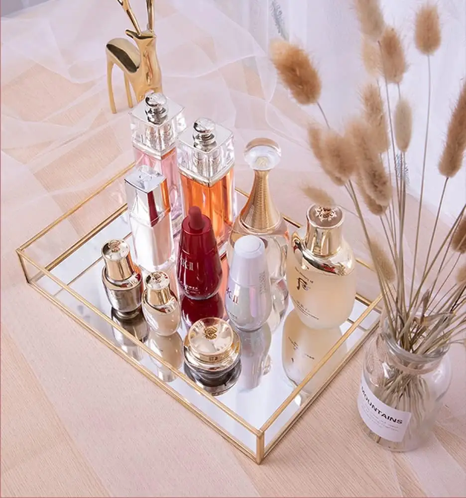 Glass Rectangle Mirror Decorative Tray Gold can Hold Perfume Jewelry Cosmetics Makeup Magazine for Vanity Dresser