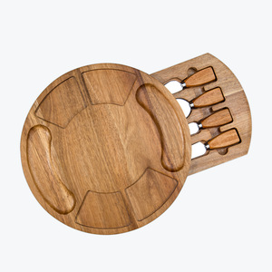Acacia Wood Round <b>Cheese</b> Tray With Pull Out Board And Stainless Steel <b>Knife</b> <b>Set</b> For Serving And Cutting <b>Cheese</b> - Product Image 5