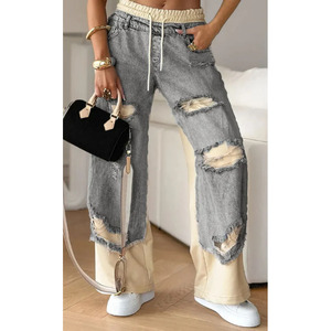 Nuovi Jeans da Donna con Grandi Buchi e Patchwork, Vita Alta, Gamba Larga, Pantaloni Casual Cool Girl, Denim Femminile - Product Image 2