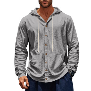 Chemise à manches longues à capuche bleu clair pour homme, en lin respirant, décontractée, pour la plage, design simple, printemps automne, coupe ample, protection solaire - Product Image 3