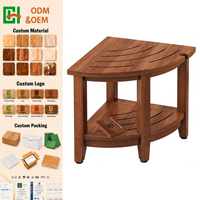 CHOMECO Teak-Eckduschhocker mit Ablagefach, wasserdicht, rutschfest, verstellbare Füße, 2-stufiges Design, braun