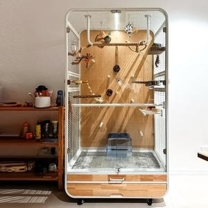 Luxe Indoor Vogelhuisje En Slimme Vogelvoedercombinatie Elegante Houten Verzorgingset Voor Huisdieren Met Printpatroon - Product Image 5