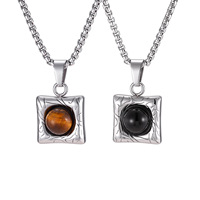 Collier pendentif carré en onyx noir en acier inoxydable pour homme, bijou statement en pierre naturelle, bijoux personnalisables avec logo