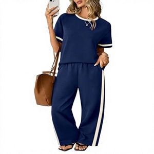 Conjunto de Dos Piezas Azul Marino para Mujer, Top de Manga Corta con Cuello Redondo y Pantalones Largos con Raya Lateral, Estilo Casual Holgado, Tejido de Algodón y Poliéster - Product Image 1