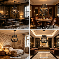Lampu Gantung Candelabra Manik Kayu Hitam Cincin Ganda dengan Finishing Kayu Alami, Lampu Vintage untuk Ruang Tamu dan Kamar Tidur