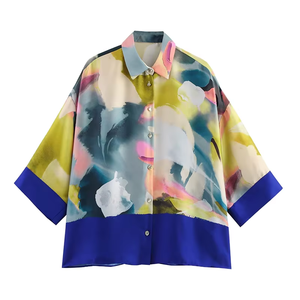 Atasan cantik lengan panjang wanita, blus longgar kasual tenunan cetak sutra Satin bernapas Vintage 2026 - Product Image 1