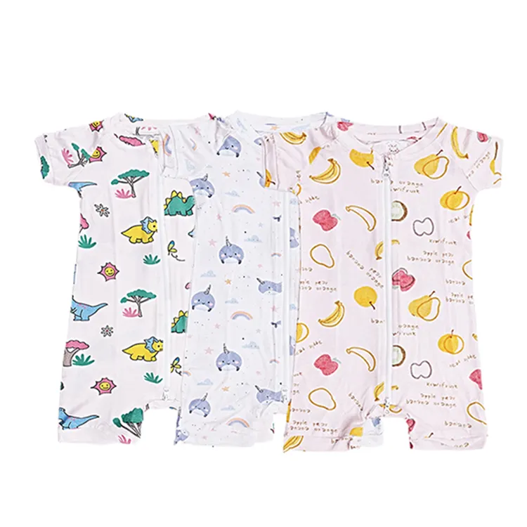 ODM bebek Romper giysileri organik giyim kısa Bodysuit tulum baskılı bambu pijama Unisex örme