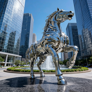 Sculpture de cheval en acier inoxydable finition miroir, statue métallique personnalisée, fontaine paysagère pour hôtel, centre commercial, place publique - Product Image 1