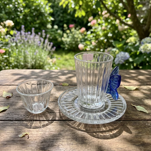 Moroccan Glass Tea <b>Cup</b> and Saucer <b>Set</b> Butterfly Handle Ribbed Round Drinkware for Afternoon Tea and Coffee Espresso Gift Use - Product Image 4