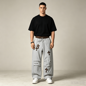 Pantalon de survêtement ample brodé pour homme, style streetwear décontracté, en coton French Terry personnalisé - Product Image 1
