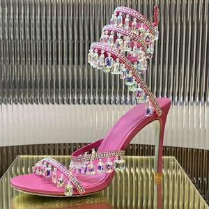 Zapatos de tacón de aguja súper alto con plataforma y diamantes para mujer, con tiras al tobillo y pedrería grande, de punta abierta, ideales para banquetes de verano. - Product Image 5