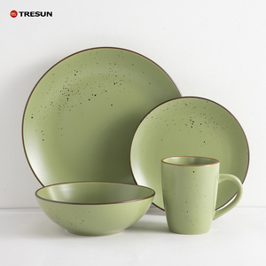 Service de table en céramique verte 16 pièces, vaisselle ronde en grès 16 pièces avec bordure marron, assiettes et bols pour service à domicile - Product Image 5