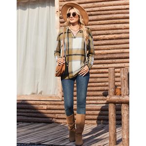 FOXA Sudadera con capucha a cuadros para mujer, manga larga, cuello en V, estilo casual para otoño, con bolsillos, mezcla de algodón transpirable - Product Image 3