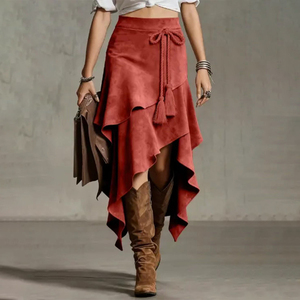 Jupe asymétrique mi-longue en daim souple style western vintage OEM Hong Kong avec franges, idéale pour le quotidien et le style bohème - Product Image 3
