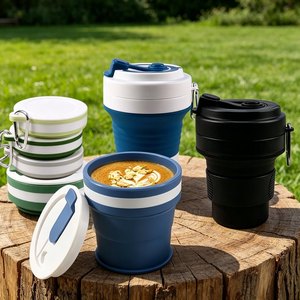 แก้วซิลิโคนพับได้ รูปทรงตามสั่ง ป้องกันการรั่วซึม ขนาด 350 มล., 16 ออนซ์, 500 มล. แก้วน้ำซิลิโคน แก้วกาแฟพับได้สำหรับเดินทาง - Product Image 1