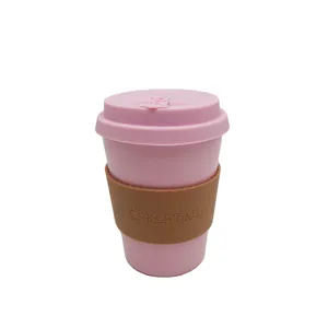 Hadiah perusahaan kosmetik 12 OZ 350 ML cangkir kopi serat bambu warna merah muda pita silikon coklat dengan logo deboss