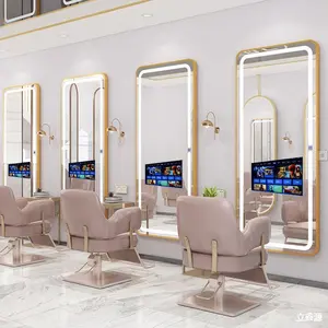 Buen Precio de nuevo diseño de estación de peinado con marco dorado, estación de espejo de pantalla de TV de peluquería de un solo lado con luz LED