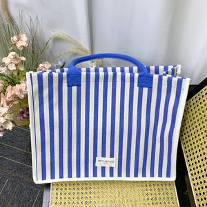 High Quality Canvas Tote <b>Bag</b> Durable Blue Stripe Shopping <b>Bag</b> With Handle Large Capacity <b>Travel</b> Beach <b>Bag</b> <b>for</b> <b>Women</b> - Product Image 5