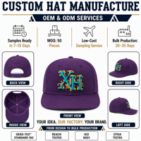 Casquette Snapback personnalisée à 6 panneaux en sergé de coton, broderie baroque 3D ornée violette, casquette à visière plate OEM ODM pour la mode streetwear