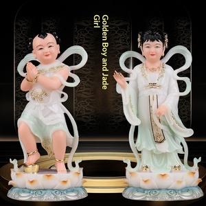 Statues de Bouddha Guanyin Doré de Bonne Fortune avec des acolytes masculins et féminins pour la vénération à domicile - Product Image 1