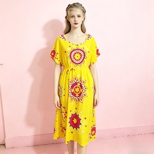 2.75 Dollar SJ014 Hot Selling European American Women <strong>Boho</strong> Geometric Floral Print Maxi <strong>Dress</strong> Loose Short Sleeve <strong>Long</strong> <strong>Dress</strong> - Product Image 5