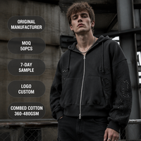 Sweat à capuche zippé court pour homme en molleton 100% coton épais 450 GSM, couleur anthracite, avec œillets découpés au laser, collection automne