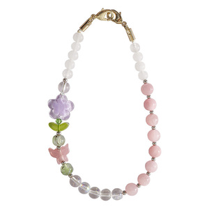 Cordon de téléphone esthétique en perles de quartz rose, breloque papillon et fleur, sangle de poignet anti-perte, personnalisable - Product Image 1