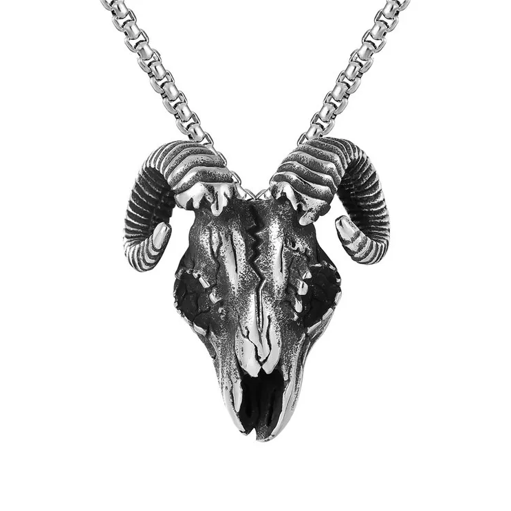 2023 European and American domineering men's jewelry stainless steel sheep head pendant charm necklace wholesale