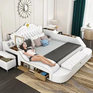 Роскошная кожаная многофункциональная кровать татами King Smart Bed платформа мягкая кровать с мягкой обивкой музыкальный динамик