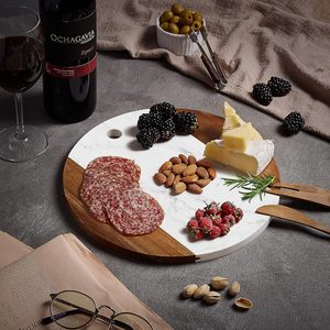 <span class=keywords><strong>Planche</strong></span> à découper ronde en marbre blanc et <span class=keywords><strong>bois</strong></span> d'acacia Bloc à découper irrégulier avec poignée noire - Product Image 5