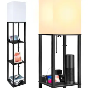 Floor Lamp with Shelves - 2 Fast Charging USB Ports & 1 AC Outlet for Living Room, Standing Tall Corner Lamp, 3-Tiered Shelf