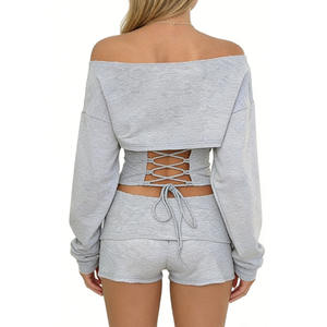 Dames Off Shoulder 2-delige Set - Lange Mouwen Kant-up Corset Top & Hoge Taille Shorts Dames Sets Dameskleding Sehe Fashion - Product Image 5