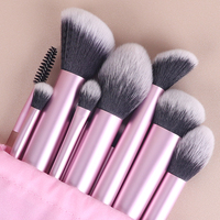Kit de 13 pinceaux de maquillage professionnels à double extrémité en fibres synthétiques douces, manche en métal et plastique, pochette rose, ensemble pour poudre